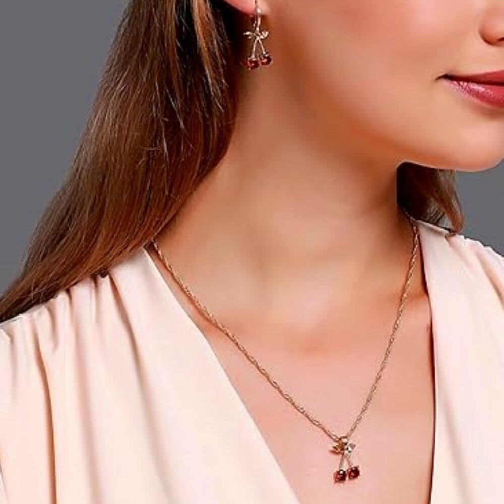 Cherry Red Crystal Necklace Earrings Jewelry Gift Set - Picture 4 of 7